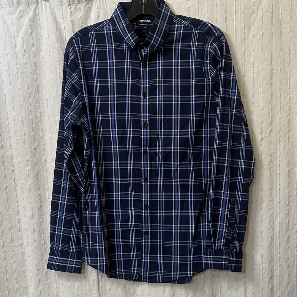 Express Men's Navy and White Checkered Shirt
